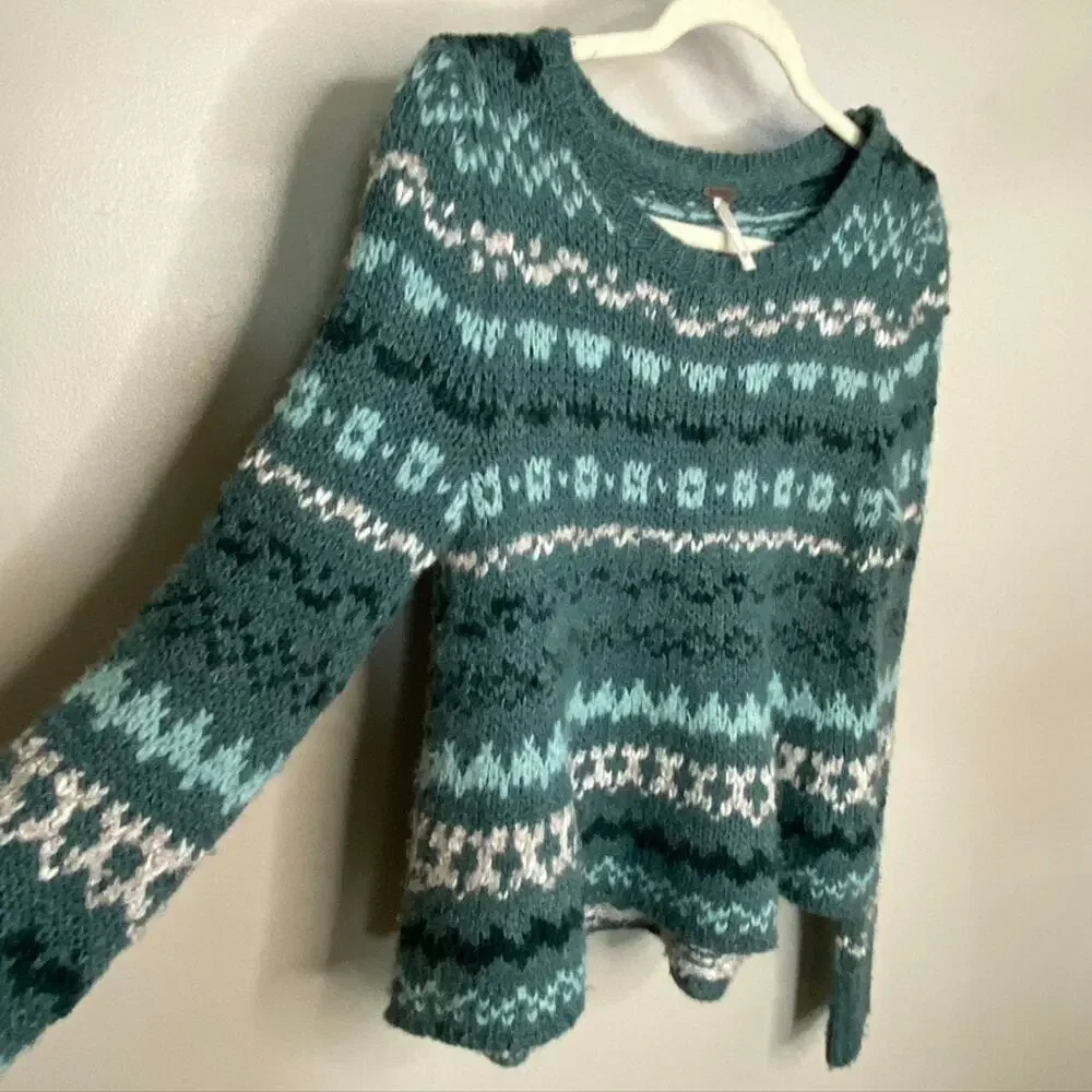 Women's Free People Through the Storm Wool Blend Fair Isle Sweater Green XS - Picture 8 of 11